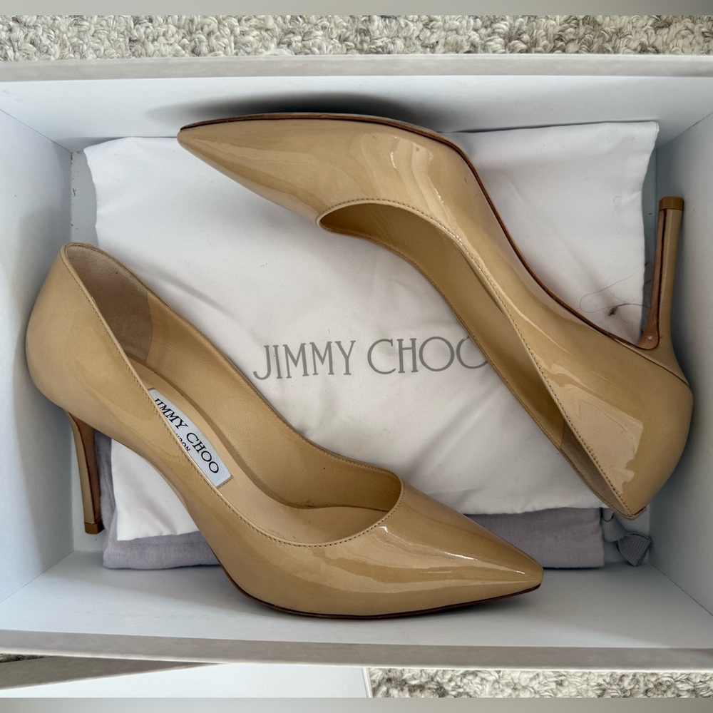 Jimmy Choo Romy patent leather nude heels